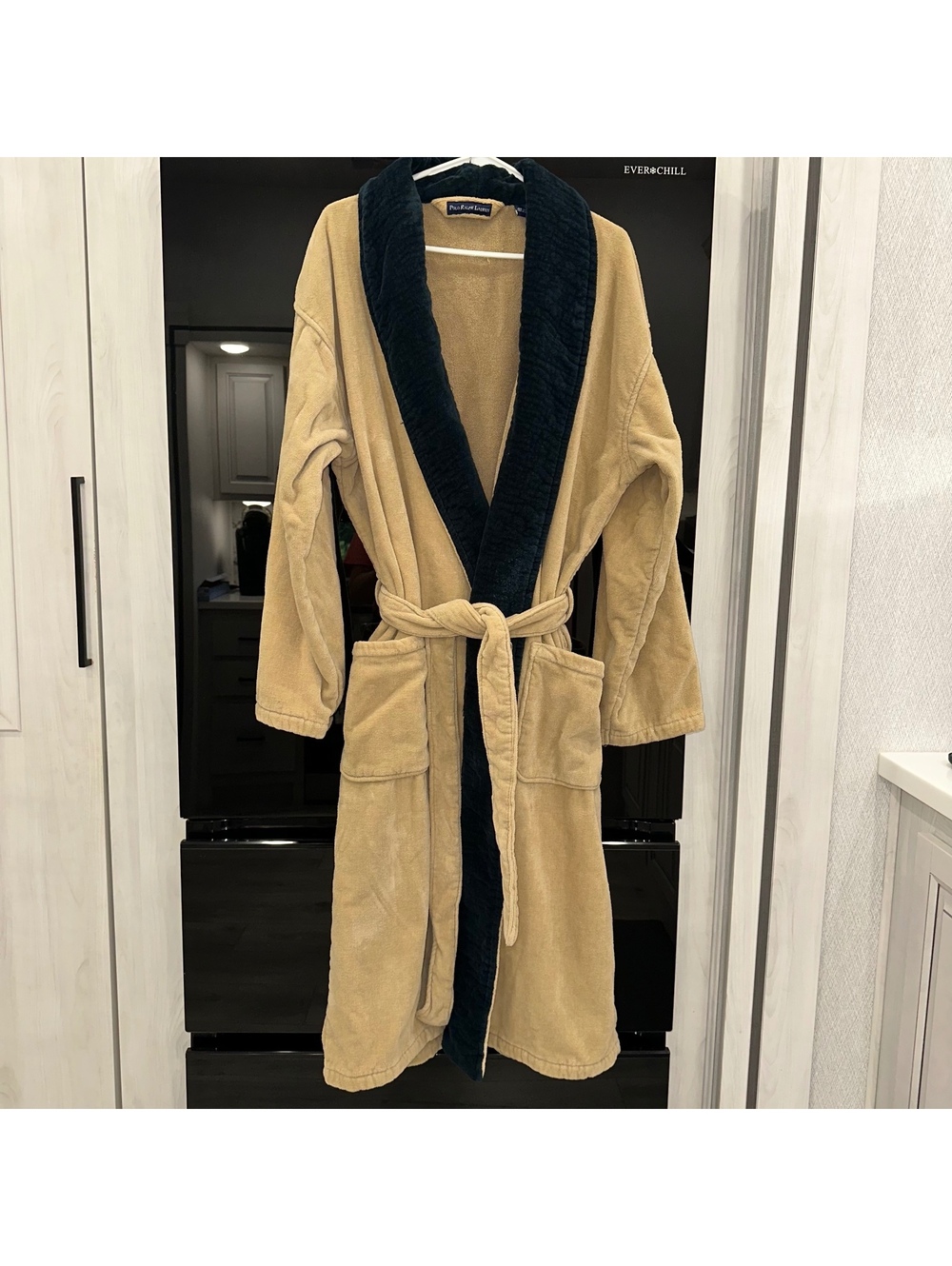 Vintage 1990s Polo Ralph Lauren Terry Cloth Robe – Tan & Navy – One Size
